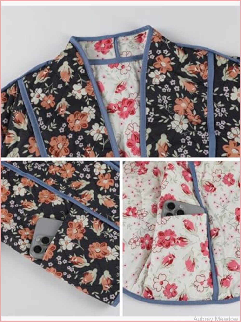 Floral Reversible Quilted Puffer Jacket Cardigan - Picture 4 of 6